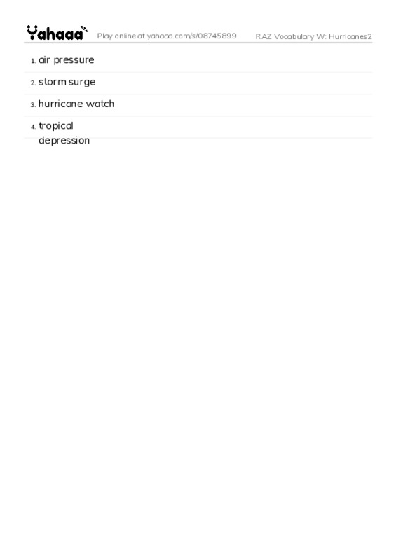 RAZ Vocabulary W: Hurricanes2 PDF words glossary