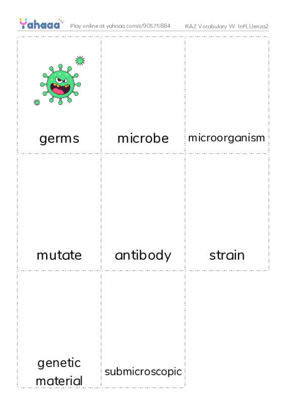 RAZ Vocabulary W: InFLUenza2 PDF flaschards with images