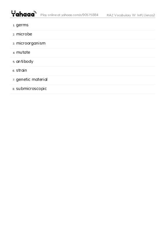 RAZ Vocabulary W: InFLUenza2 PDF words glossary