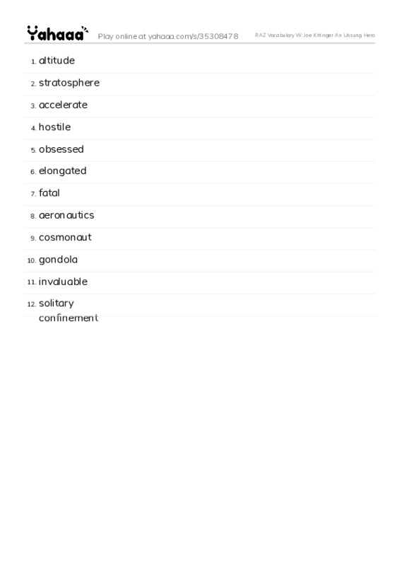 RAZ Vocabulary W: Joe Kittinger An Unsung Hero PDF words glossary