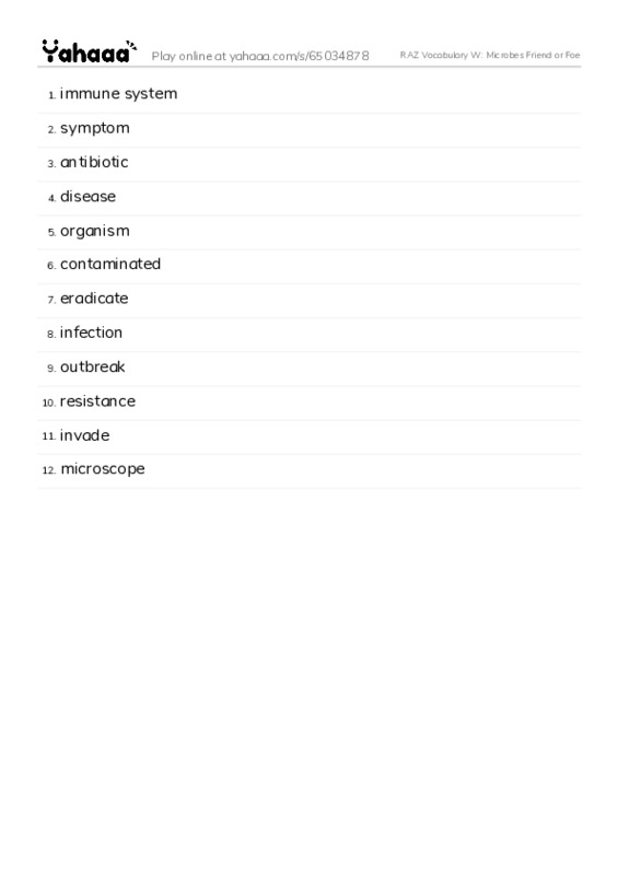 RAZ Vocabulary W: Microbes Friend or Foe PDF words glossary