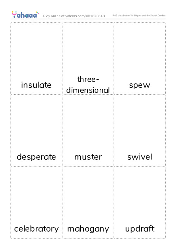 RAZ Vocabulary W: Miguel and the Secret Garden PDF flaschards with images