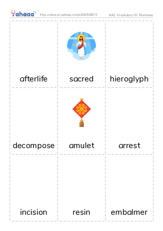 RAZ Vocabulary W: Mummies PDF flaschards with images