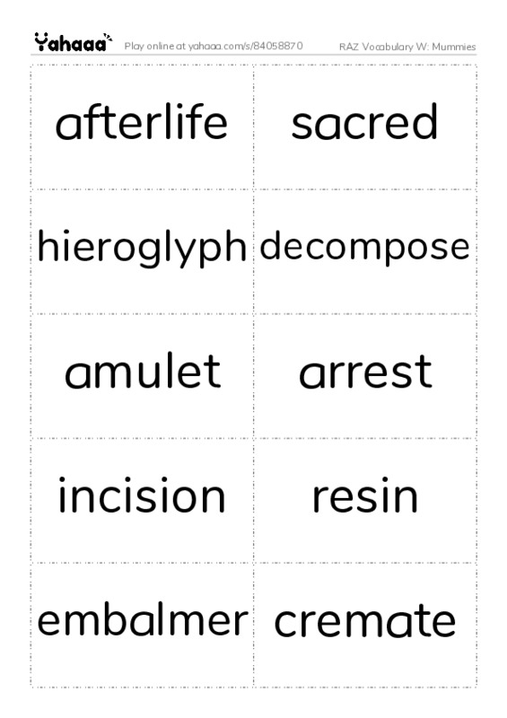 RAZ Vocabulary W: Mummies PDF two columns flashcards