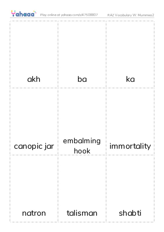 RAZ Vocabulary W: Mummies2 PDF flaschards with images