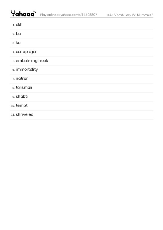 RAZ Vocabulary W: Mummies2 PDF words glossary