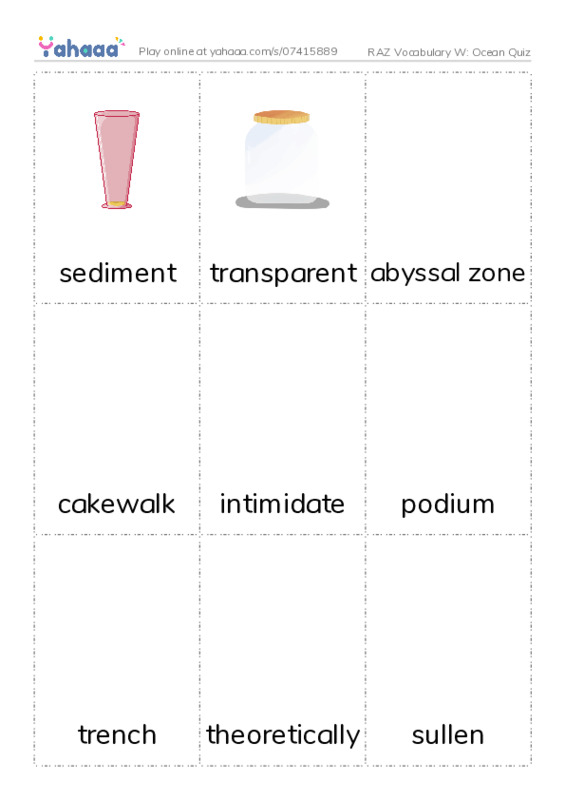 RAZ Vocabulary W: Ocean Quiz PDF flaschards with images
