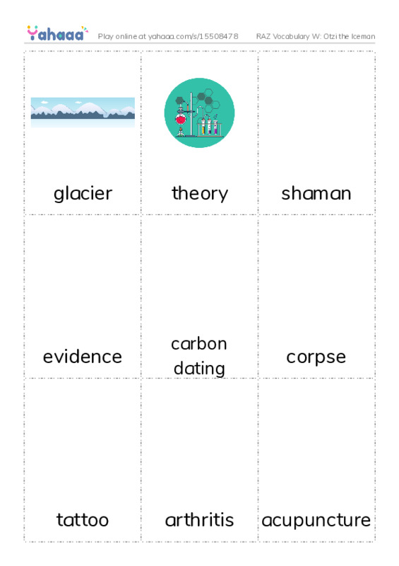RAZ Vocabulary W: Otzi the Iceman PDF flaschards with images