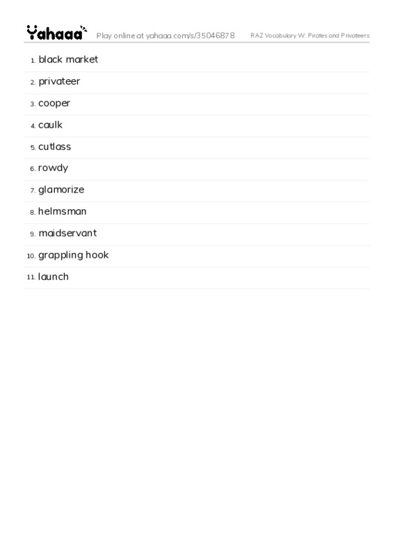 RAZ Vocabulary W: Pirates and Privateers PDF words glossary
