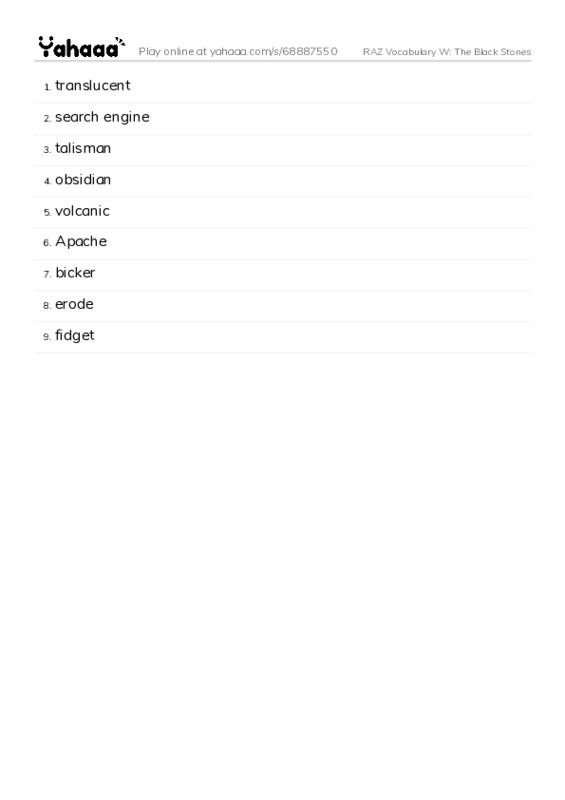 RAZ Vocabulary W: The Black Stones PDF words glossary