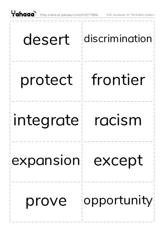 RAZ Vocabulary W: The Buffalo Soldiers PDF two columns flashcards