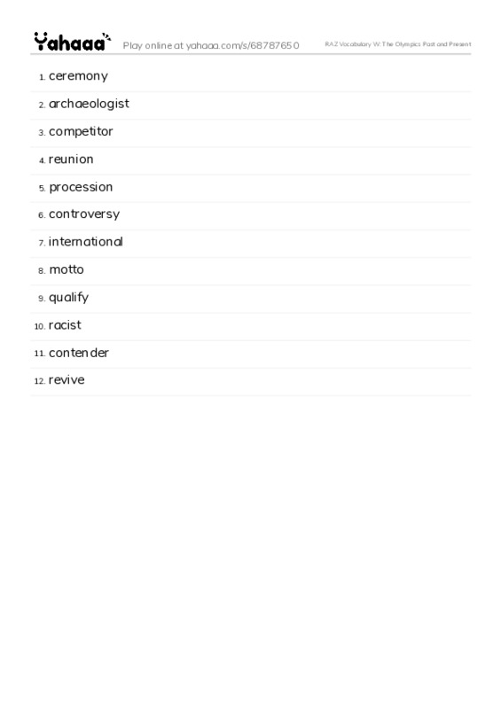 RAZ Vocabulary W: The Olympics Past and Present PDF words glossary