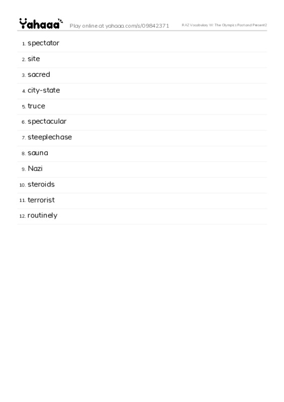 RAZ Vocabulary W: The Olympics Past and Present2 PDF words glossary