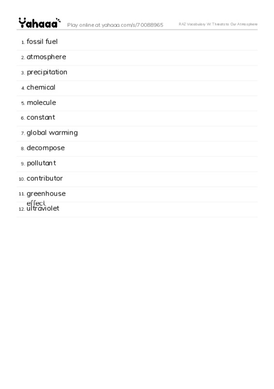 RAZ Vocabulary W: Threats to Our Atmosphere PDF words glossary