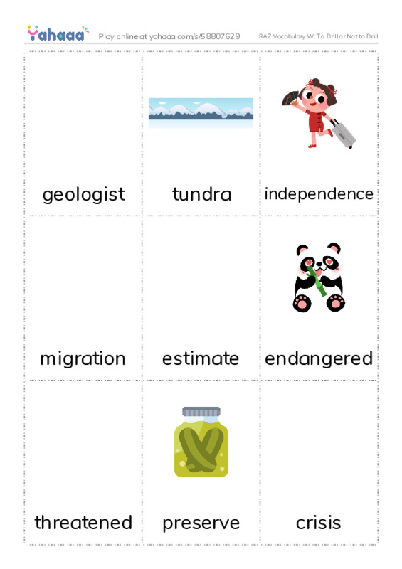 RAZ Vocabulary W: To Drill or Not to Drill PDF flaschards with images