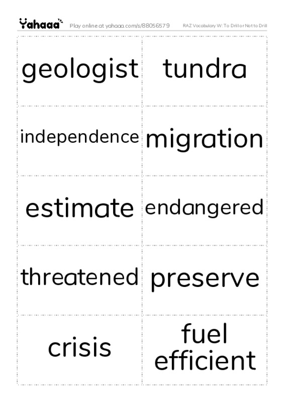 RAZ Vocabulary W: To Drill or Not to Drill PDF two columns flashcards
