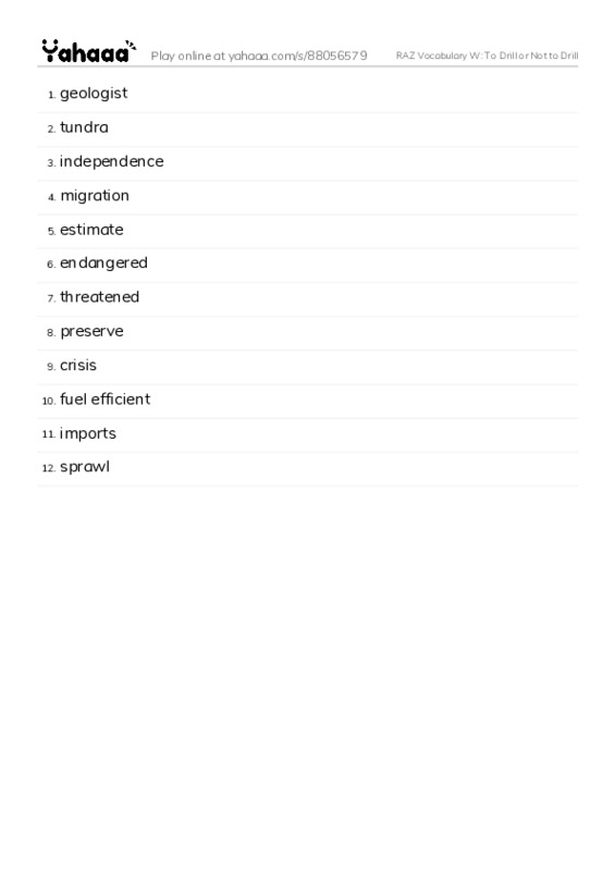 RAZ Vocabulary W: To Drill or Not to Drill PDF words glossary