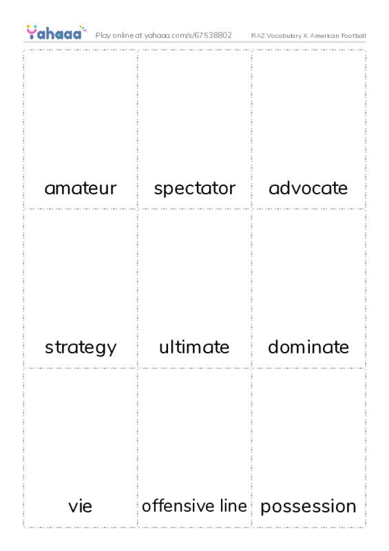 RAZ Vocabulary X: American Football PDF flaschards with images