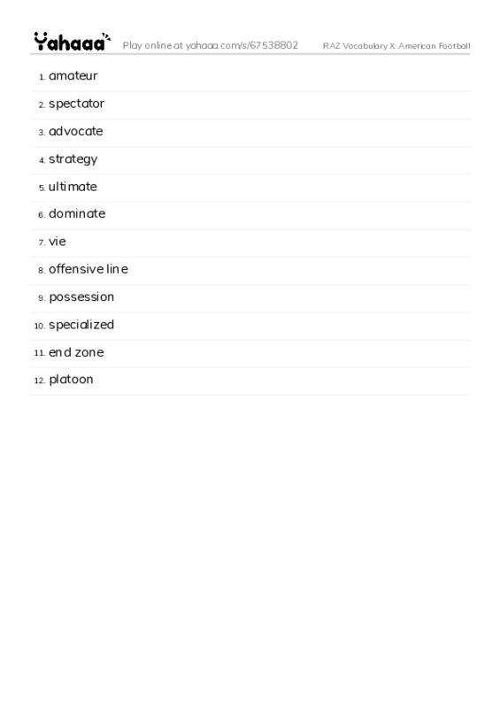 RAZ Vocabulary X: American Football PDF words glossary