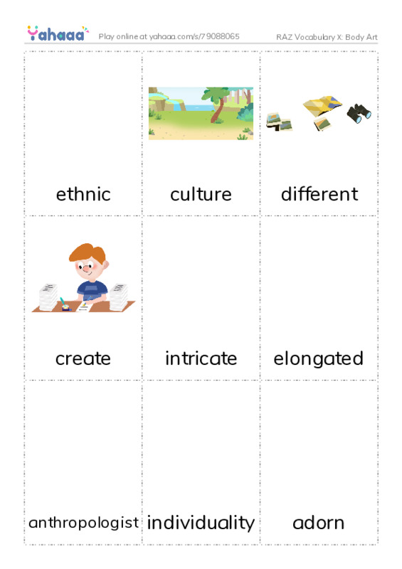 RAZ Vocabulary X: Body Art PDF flaschards with images