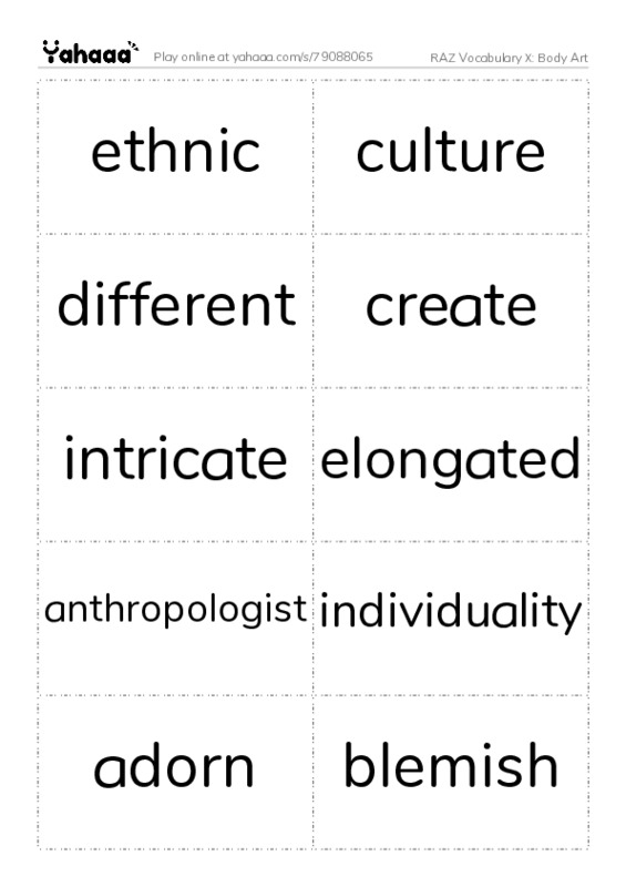 RAZ Vocabulary X: Body Art PDF two columns flashcards