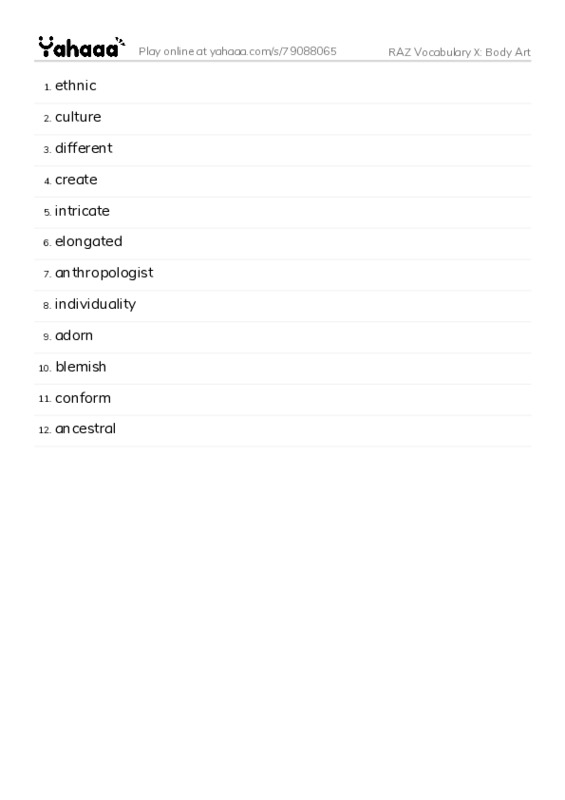 RAZ Vocabulary X: Body Art PDF words glossary