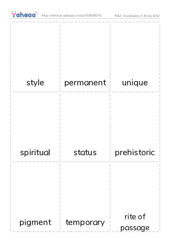 RAZ Vocabulary X: Body Art2 PDF flaschards with images
