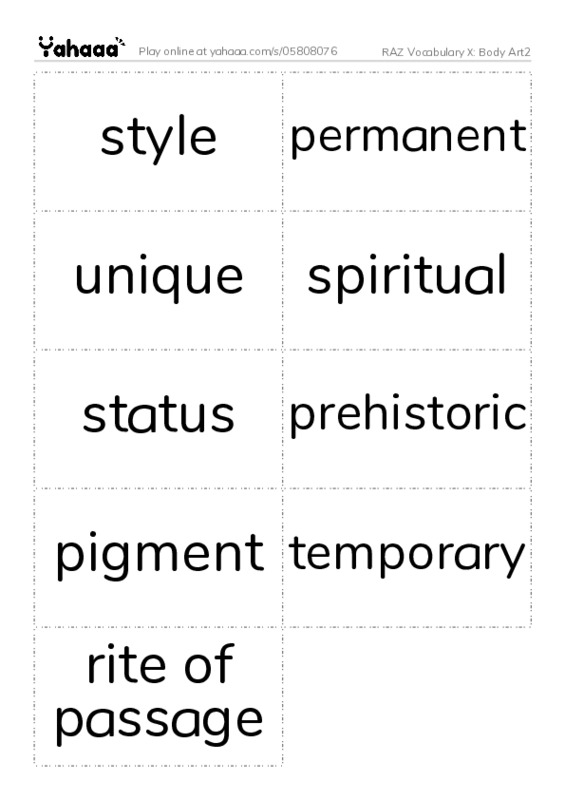 RAZ Vocabulary X: Body Art2 PDF two columns flashcards