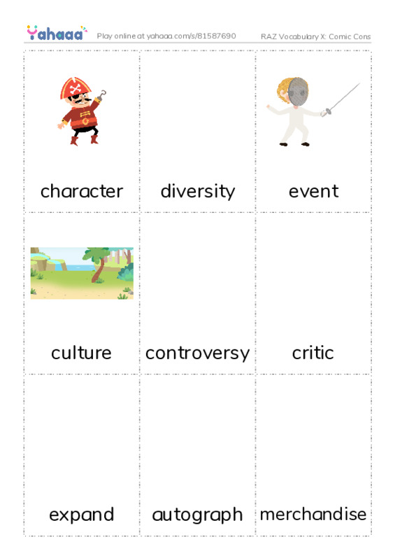 RAZ Vocabulary X: Comic Cons PDF flaschards with images