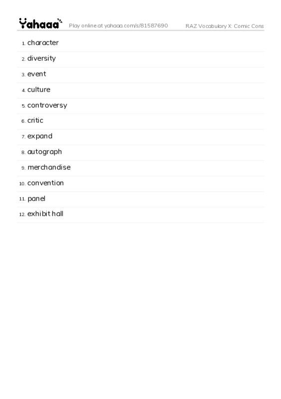 RAZ Vocabulary X: Comic Cons PDF words glossary