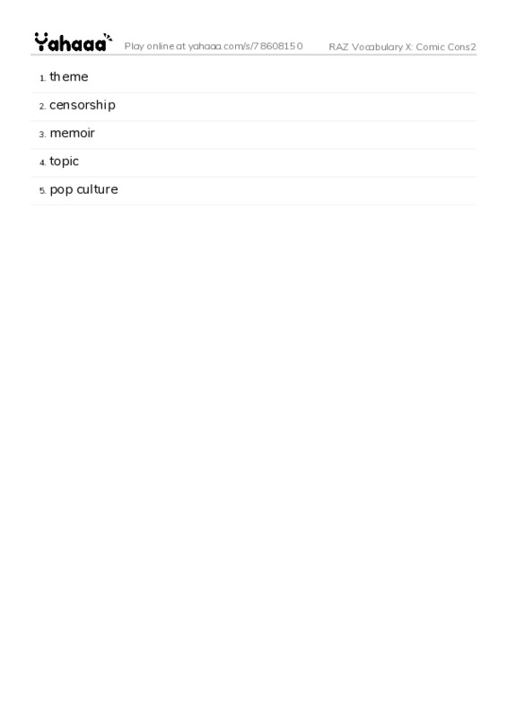 RAZ Vocabulary X: Comic Cons2 PDF words glossary