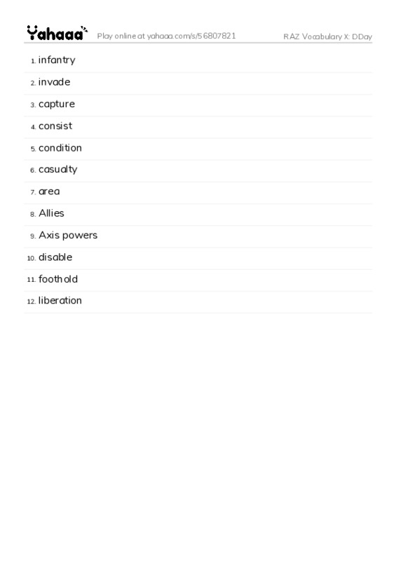 RAZ Vocabulary X: DDay PDF words glossary