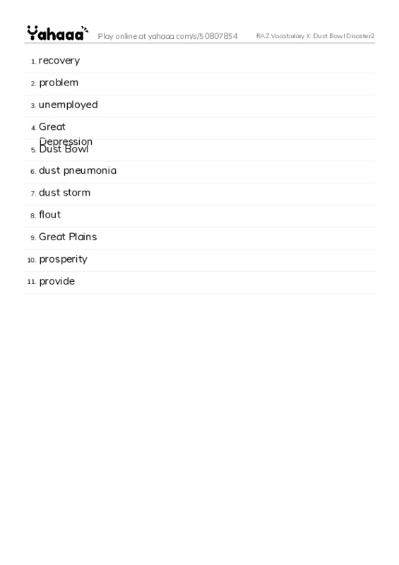 RAZ Vocabulary X: Dust Bowl Disaster2 PDF words glossary