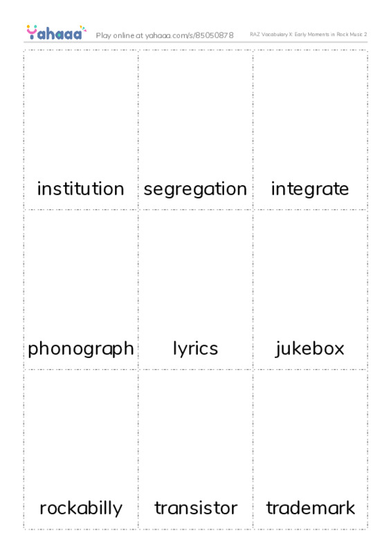 RAZ Vocabulary X: Early Moments in Rock Music 2 PDF flaschards with images