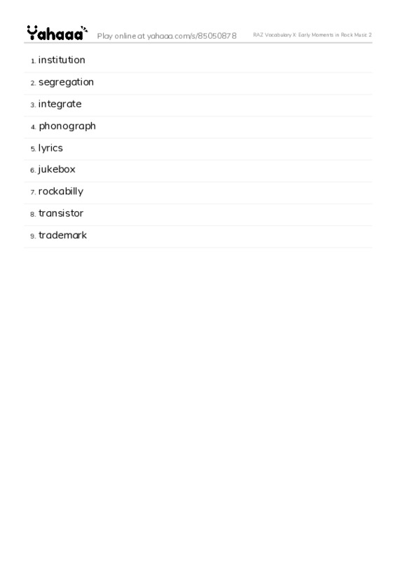 RAZ Vocabulary X: Early Moments in Rock Music 2 PDF words glossary