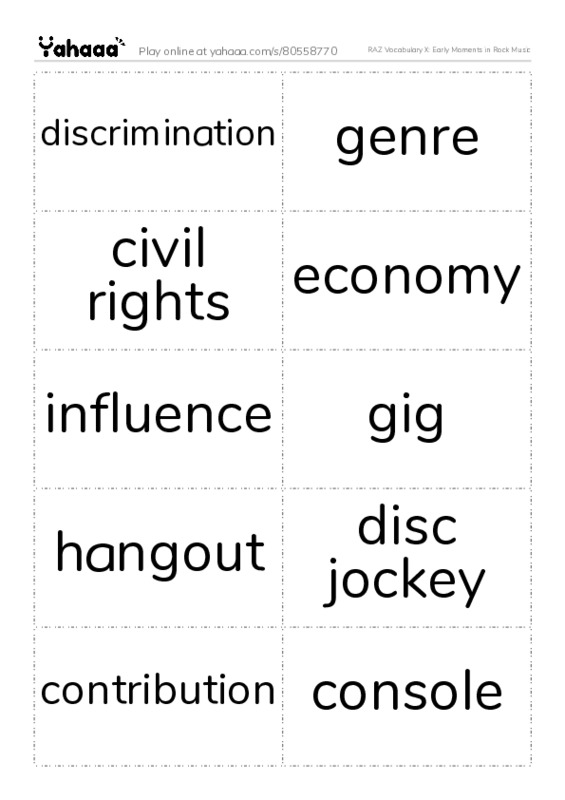RAZ Vocabulary X: Early Moments in Rock Music PDF two columns flashcards