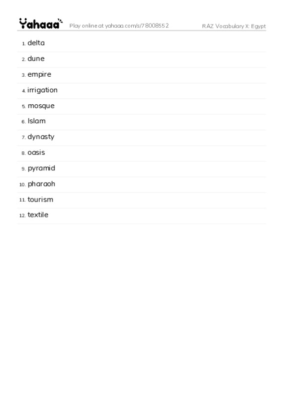 RAZ Vocabulary X: Egypt PDF words glossary