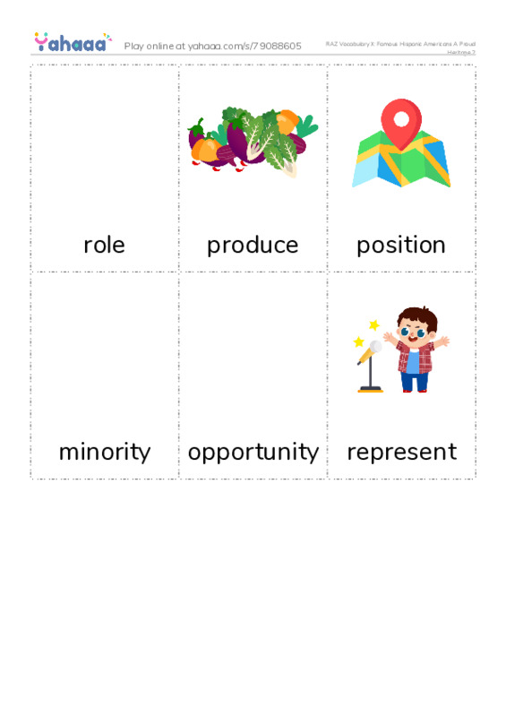 RAZ Vocabulary X: Famous Hispanic Americans A Proud Heritage 2 PDF flaschards with images