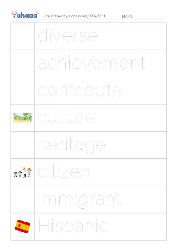 RAZ Vocabulary X: Famous Hispanic Americans A Proud Heritage PDF one column image words
