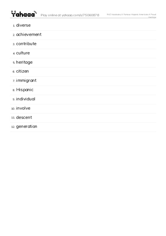 RAZ Vocabulary X: Famous Hispanic Americans A Proud Heritage PDF words glossary