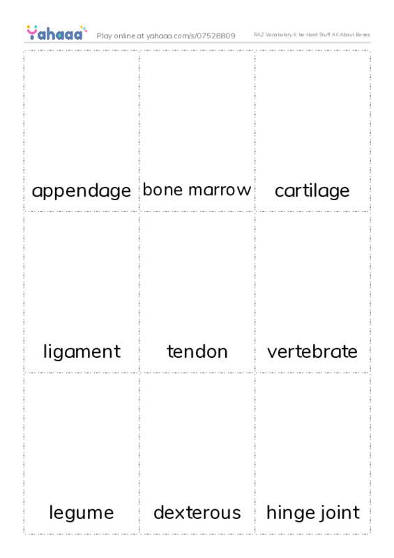 RAZ Vocabulary X: he Hard Stuff All About Bones PDF flaschards with images
