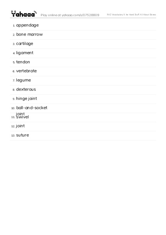 RAZ Vocabulary X: he Hard Stuff All About Bones PDF words glossary