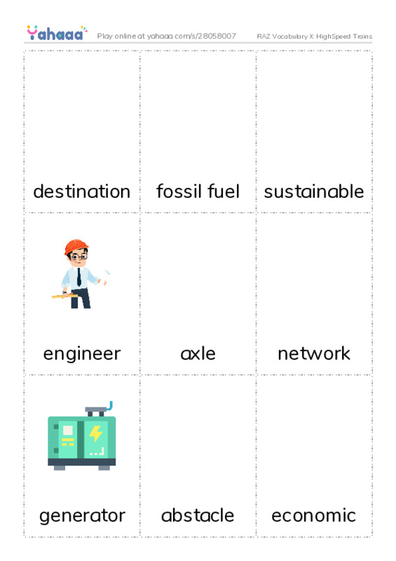 RAZ Vocabulary X: HighSpeed Trains PDF flaschards with images