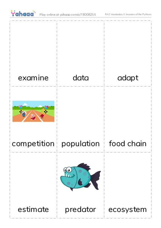RAZ Vocabulary X: Invasion of the Pythons PDF flaschards with images