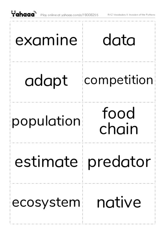 RAZ Vocabulary X: Invasion of the Pythons PDF two columns flashcards