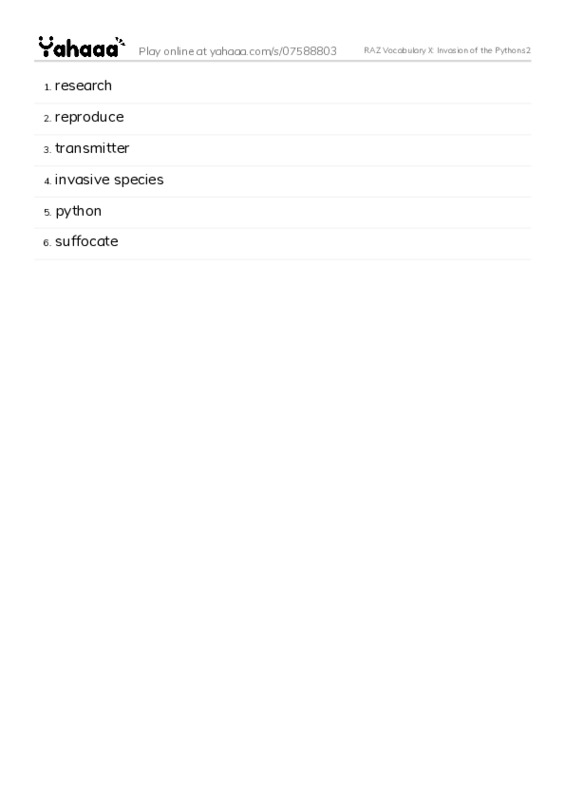 RAZ Vocabulary X: Invasion of the Pythons2 PDF words glossary