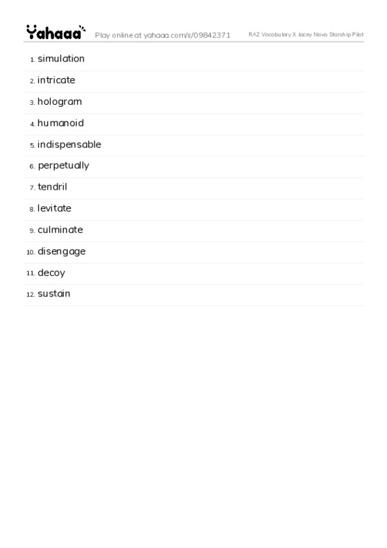 RAZ Vocabulary X: Jacey Nova Starship Pilot PDF words glossary
