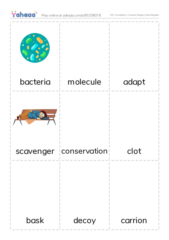 RAZ Vocabulary X: Komodo Dragons Giant Reptiles PDF flaschards with images