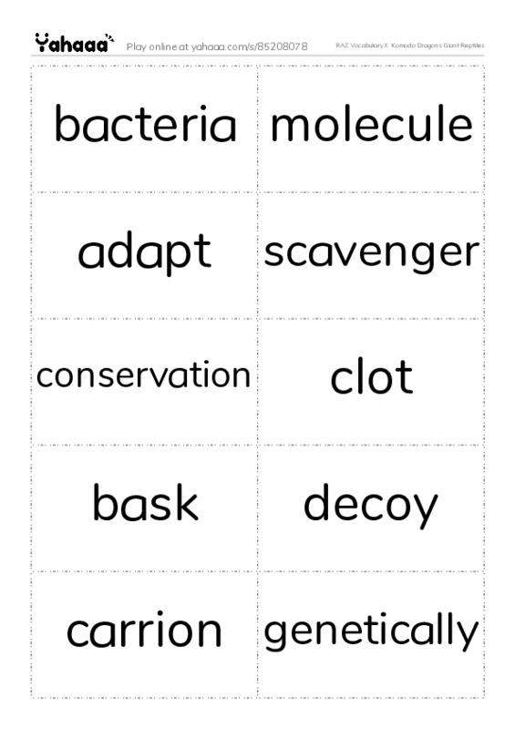 RAZ Vocabulary X: Komodo Dragons Giant Reptiles PDF two columns flashcards