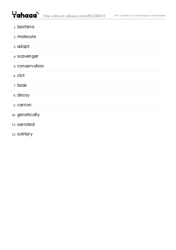 RAZ Vocabulary X: Komodo Dragons Giant Reptiles PDF words glossary